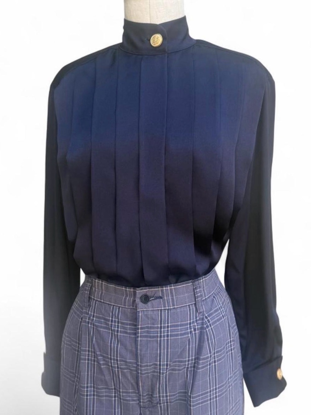 Navy Pleated High-Neck Satin Long-Sleeve Blouse gold buttons vintage old money